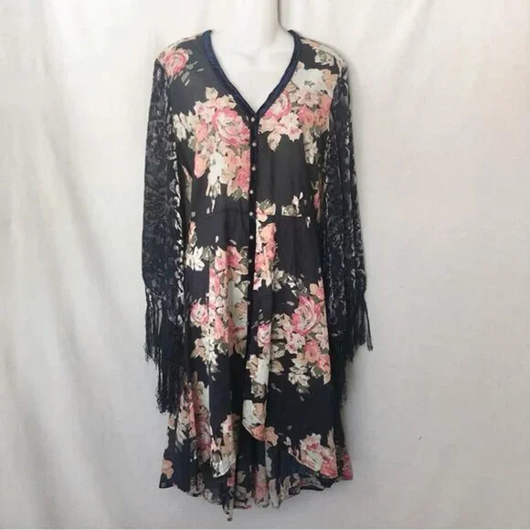 Aratta Medium NWT Floral Black Dress with Lace Sleeves knee length - Picture 1 of 16